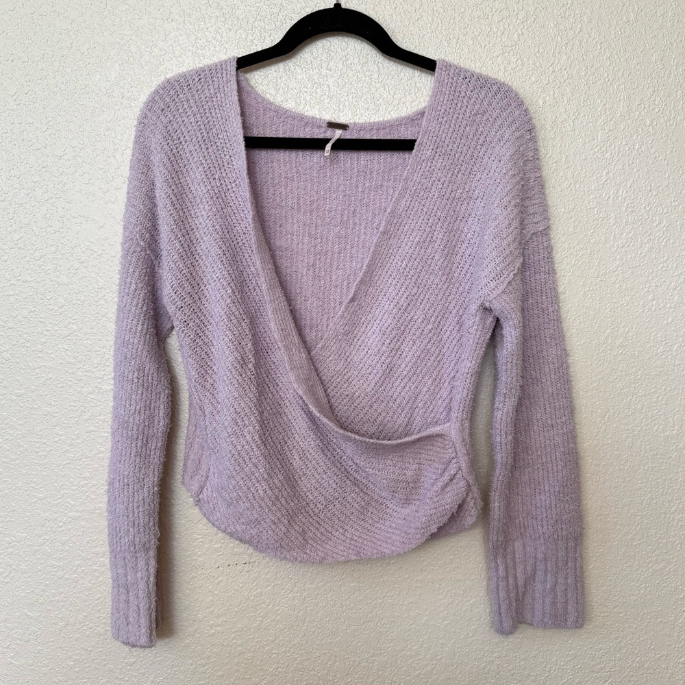 Free People Lavender Purple Fuzzy Faux Wrap Sweater Extra Small